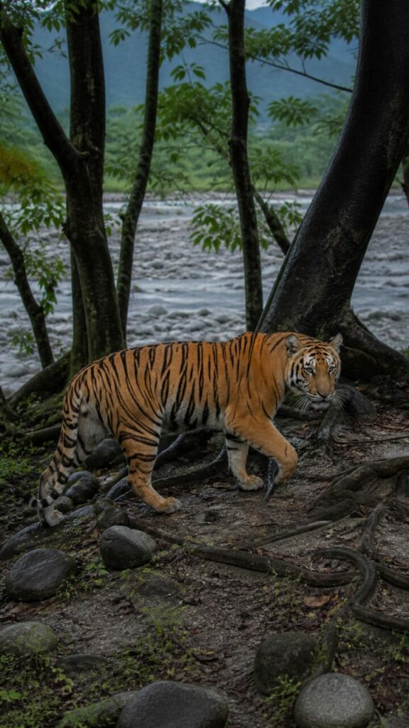 Tigre attenta si volta fra radici e sassi bagnati — Tigre
