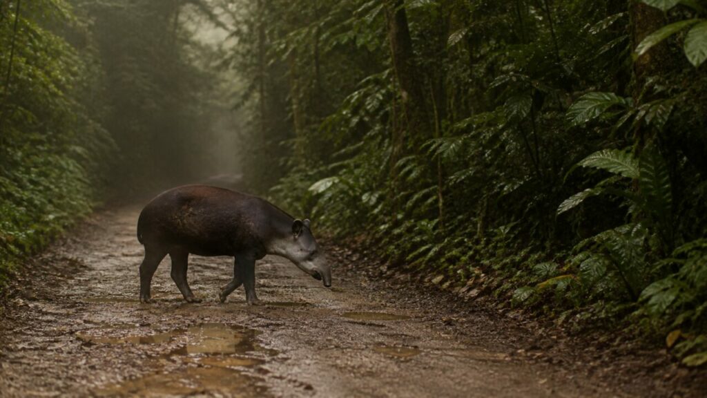 Attraversamento solitario di una strada forestale fangosa — Tapiro