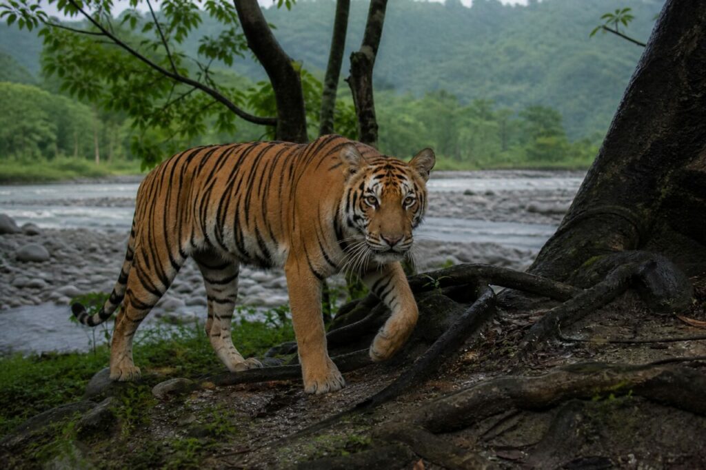 Riva sassosa sotto i passi leggeri della tigre — Tigre