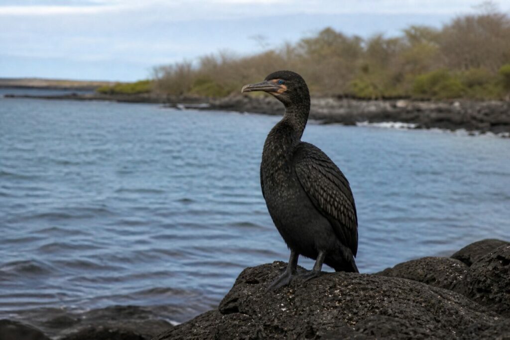 Sulla lava scura, il cormorano domina il mare — Cormorano delle Galapagos