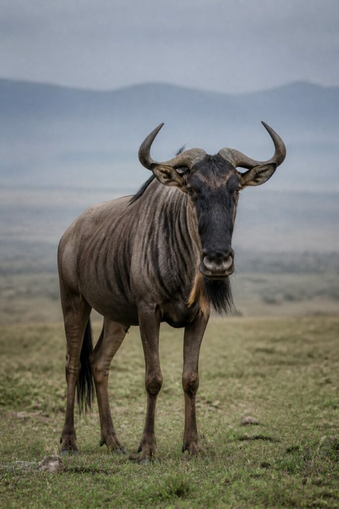 Uno gnu resta vigile sull’erba bassa — Gnu striato
