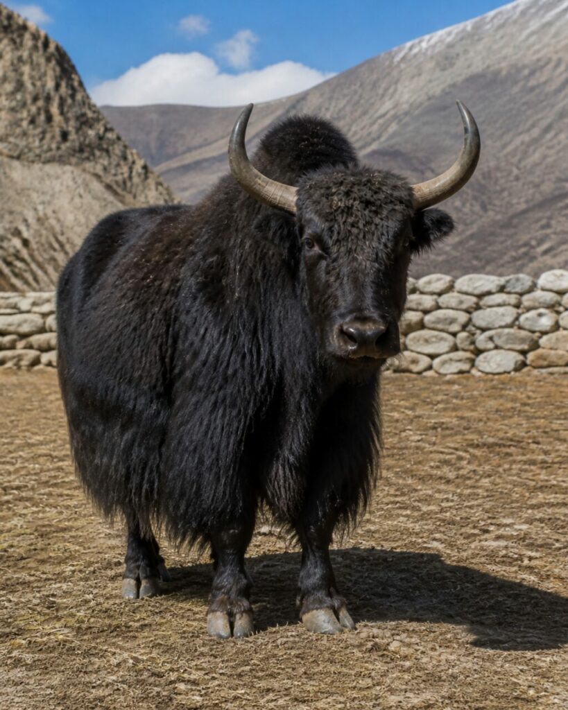 Uno yak nero resta davanti al muro di pietra — Yak domestico