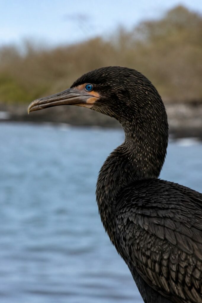 Occhio turchese e becco uncinato del cormorano costiero — Cormorano delle Galapagos