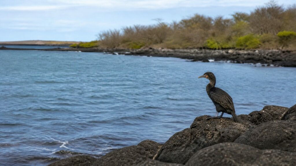 Solo sopra l’insenatura, il cormorano osserva il mare — Cormorano delle Galapagos