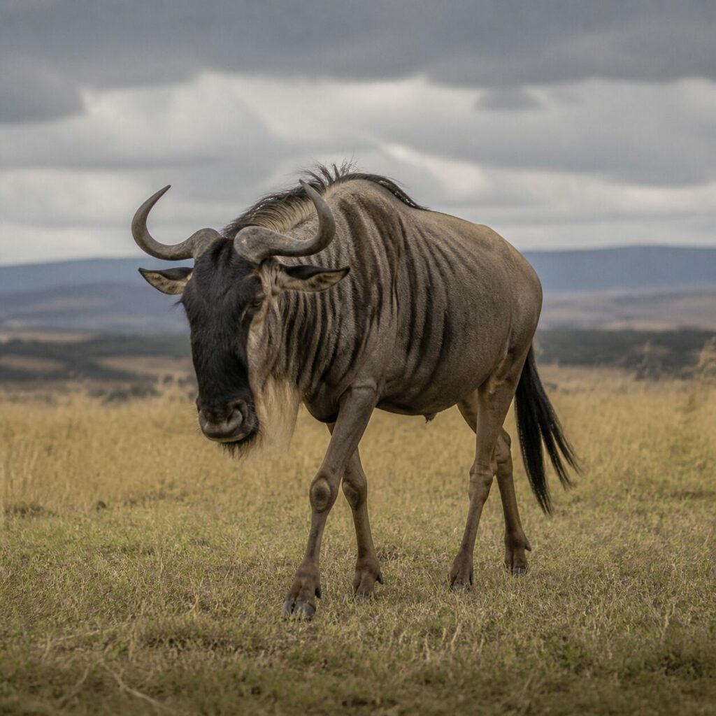 Cielo carico sopra lo gnu in marcia tra steli secchi — Gnu striato