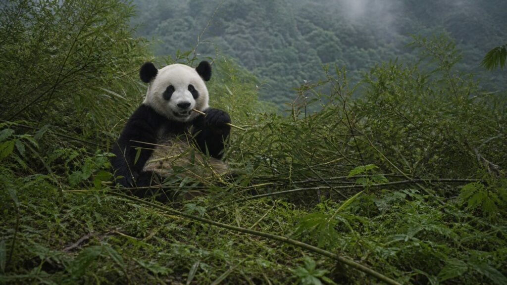 Fra canne adagiate, il panda continua il pasto — Panda gigante
