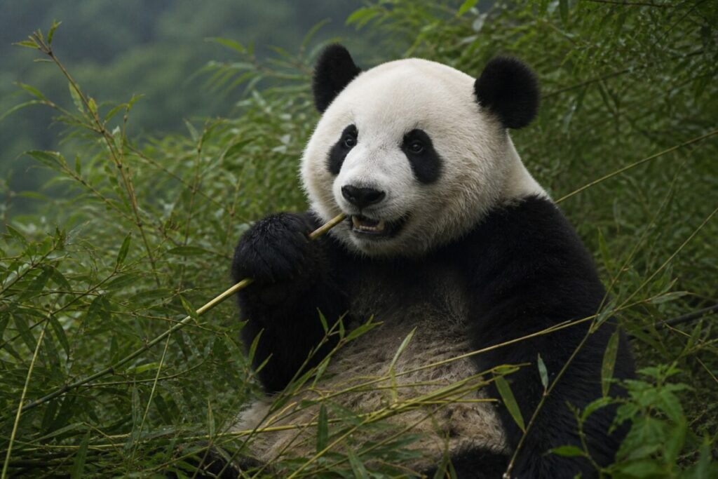 Entrambe le zampe avvicinano uno stelo al muso bicolore — Panda gigante