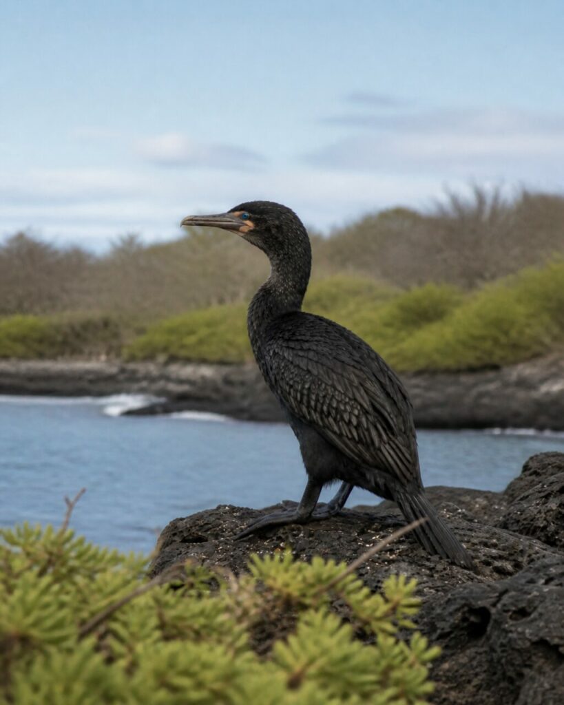 Dai cespugli costieri, il cormorano sorveglia l’insenatura — Cormorano delle Galapagos