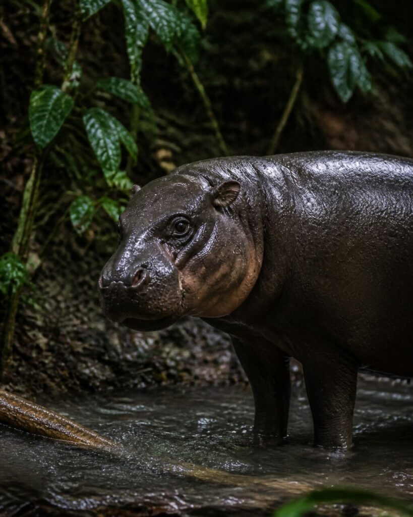 Un ippopotamo pigmeo resta in un ruscello forestale — Ippopotamo pigmeo