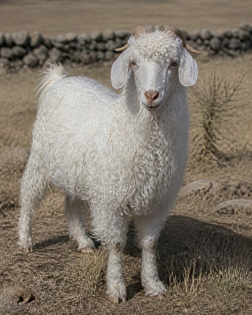 Una capra d’Angora resta fra le erbe secche — Capra d’Angora