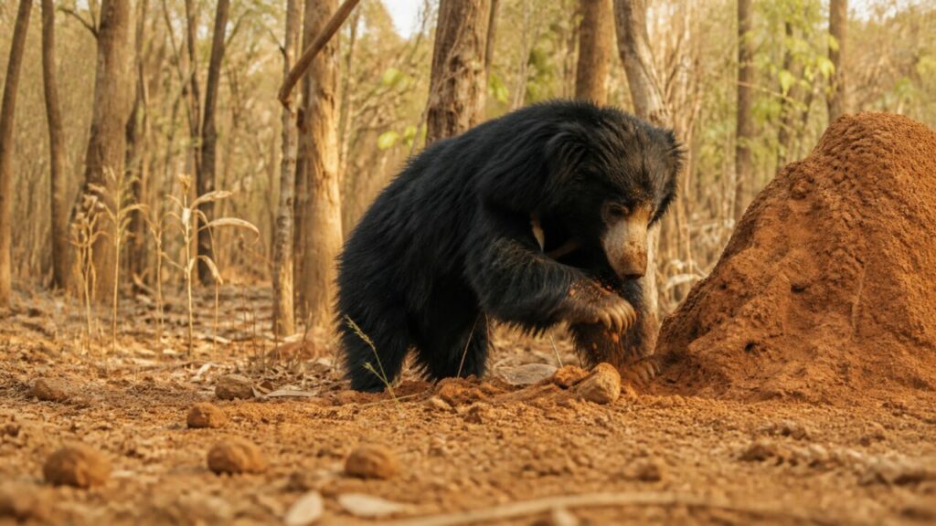 Il bosco asciutto circonda un orso labiato intento a raspare — Orso labiato