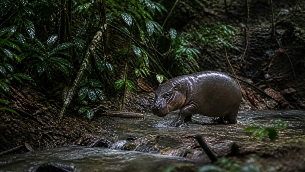 Passo lento profilo riconoscibile nel ruscello ombroso — Ippopotamo pigmeo