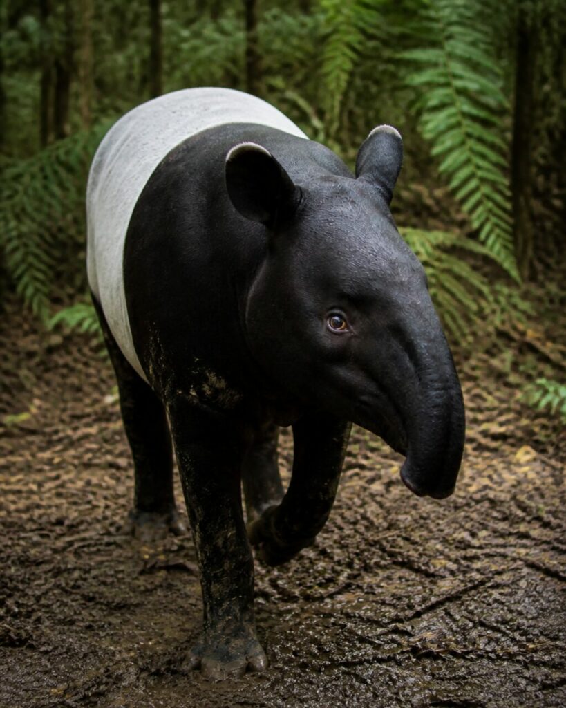 Andatura discreta del tapiro malese lungo una pista bagnata — Tapiro malese