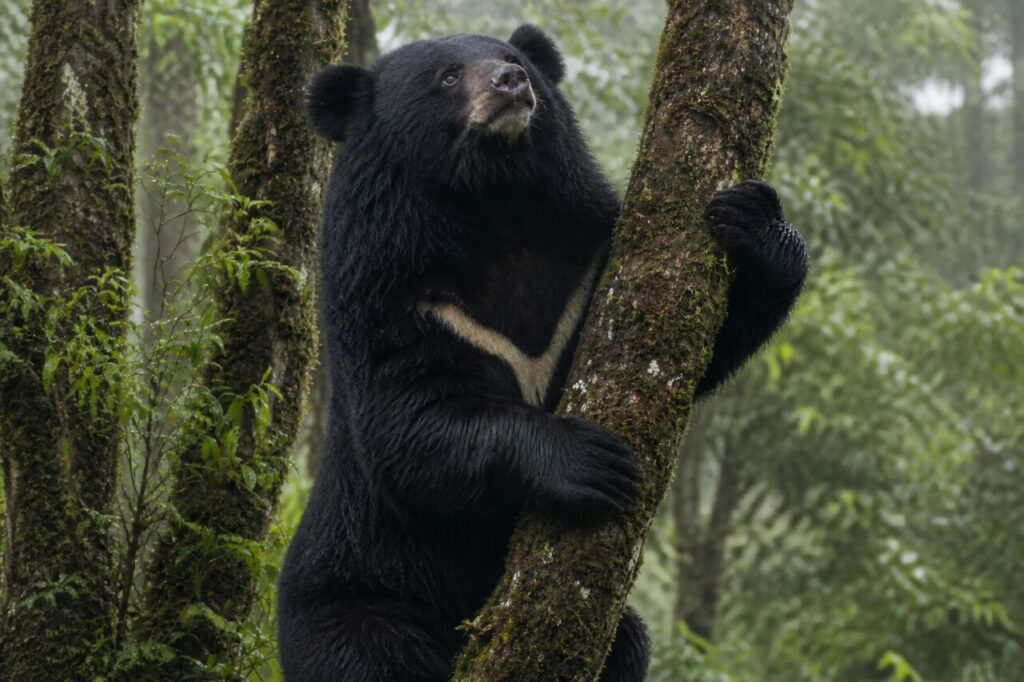 Sul tronco verde di muschio, l’orso nero asiatico pianta gli artigli — Orso nero asiatico
