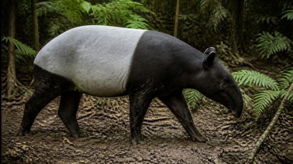 La macchia bianca a forma di sella distingue il tapiro malese fermo — Tapiro malese