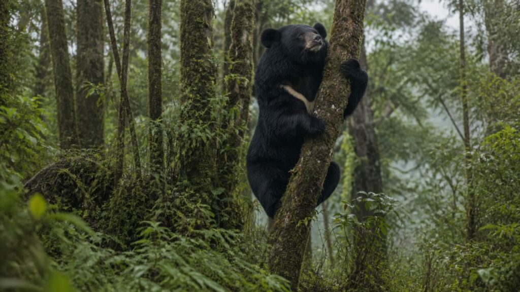 Salendo tra alberi bagnati, un orso nero asiatico sposta il peso — Orso nero asiatico