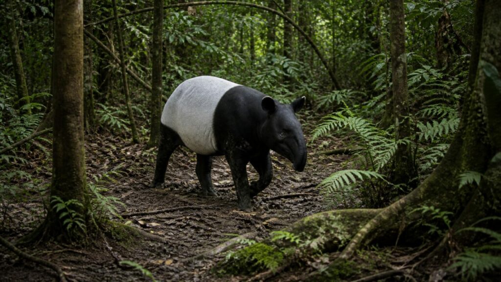 Fango profondo aderisce alle zampe del tapiro malese — Tapiro malese