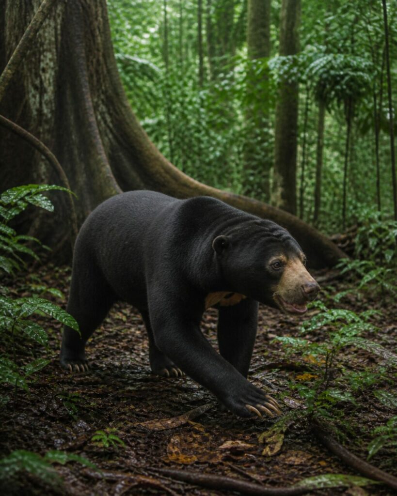 Artigli uncinati sfiorano foglie lucide — Orso malese