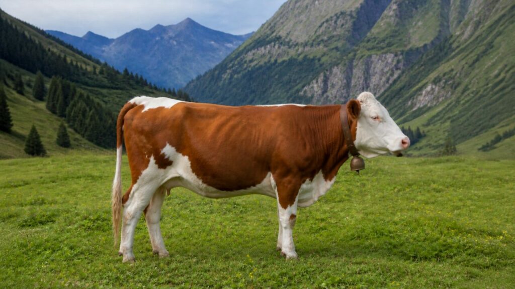 Pause bovine, pentes verdoyantes en arrière-plan — Vache simmental