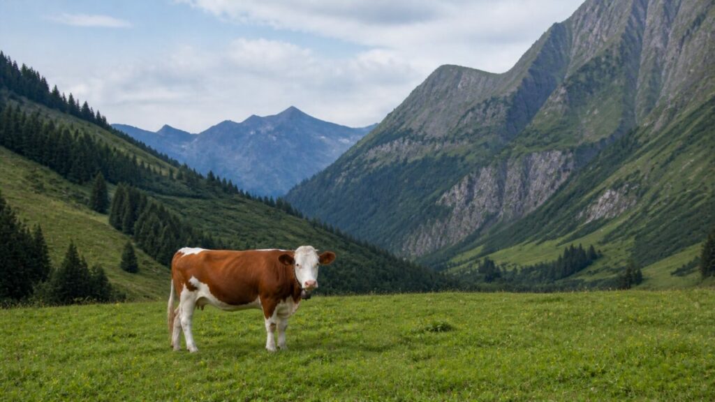 Silhouette simmental sous les sommets rocheux — Vache simmental