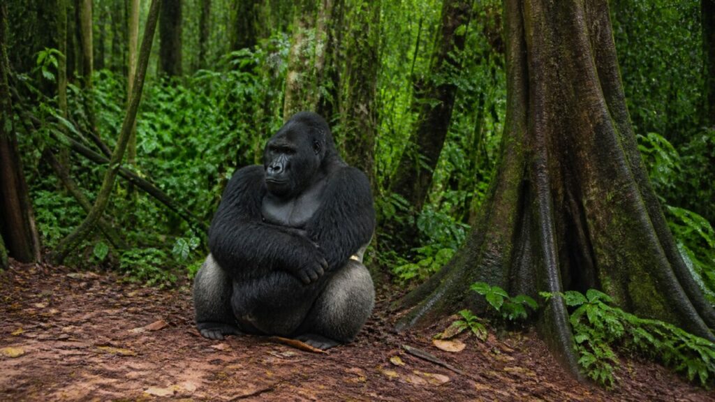 Vedetta silenziosa accanto alle radici tabulari — Gorilla di pianura occidentale