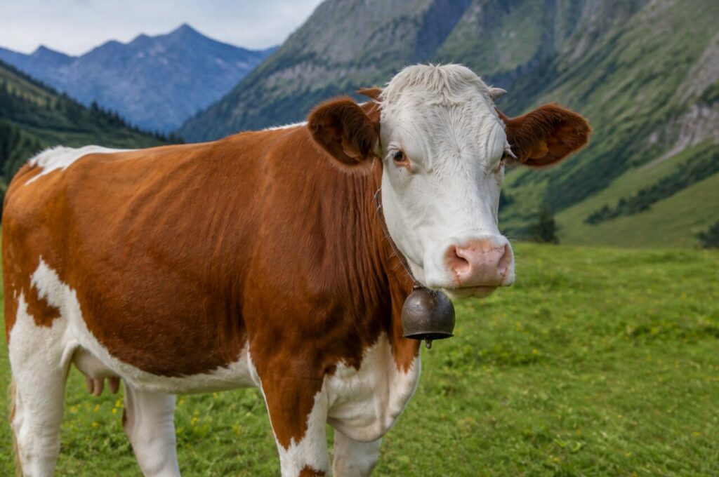 Cloche métallique sous le mufle rosé — Vache simmental