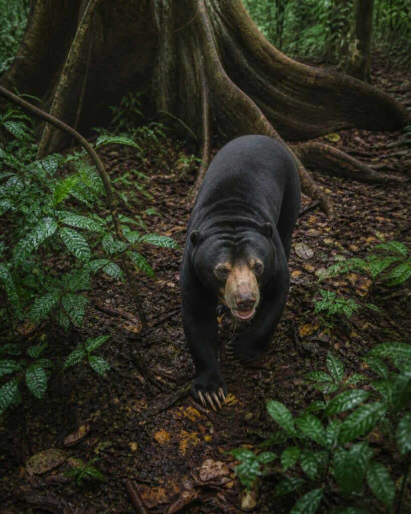 Patte posée sous l’arche racinaire — Ours malais