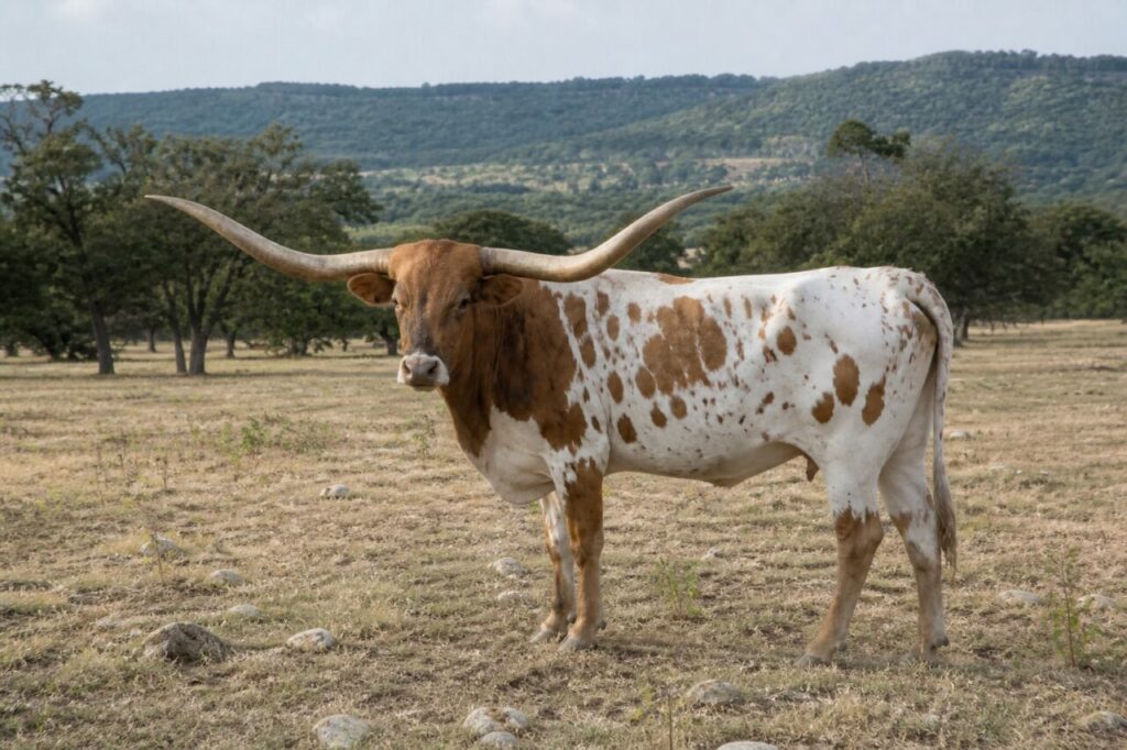 Cornes démesurées dessinant un large arc sur le ciel — Bovin Texas Longhorn