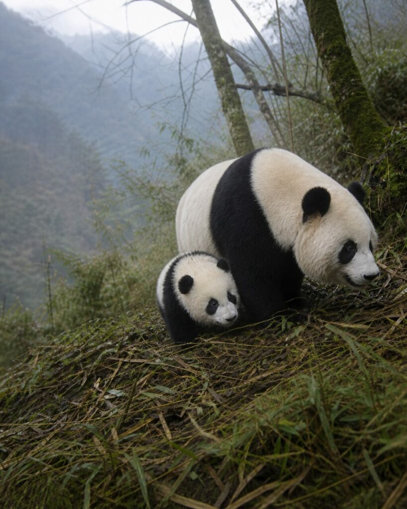 Deux silhouettes avancent dans les fougères détrempées — Deux pandas géants