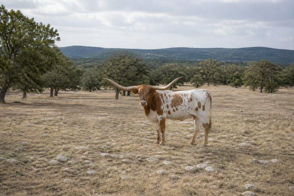 Halte calme sur la pierraille du pâturage — Bovin Texas Longhorn