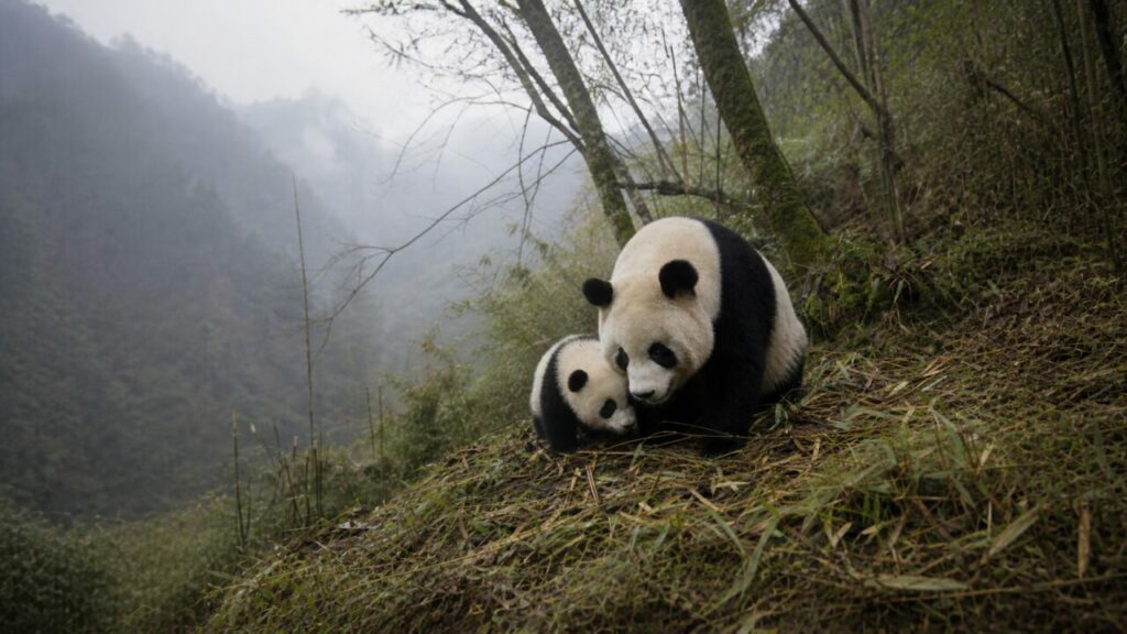 Versant brumeux parcouru par le duo bicolore — Deux pandas géants