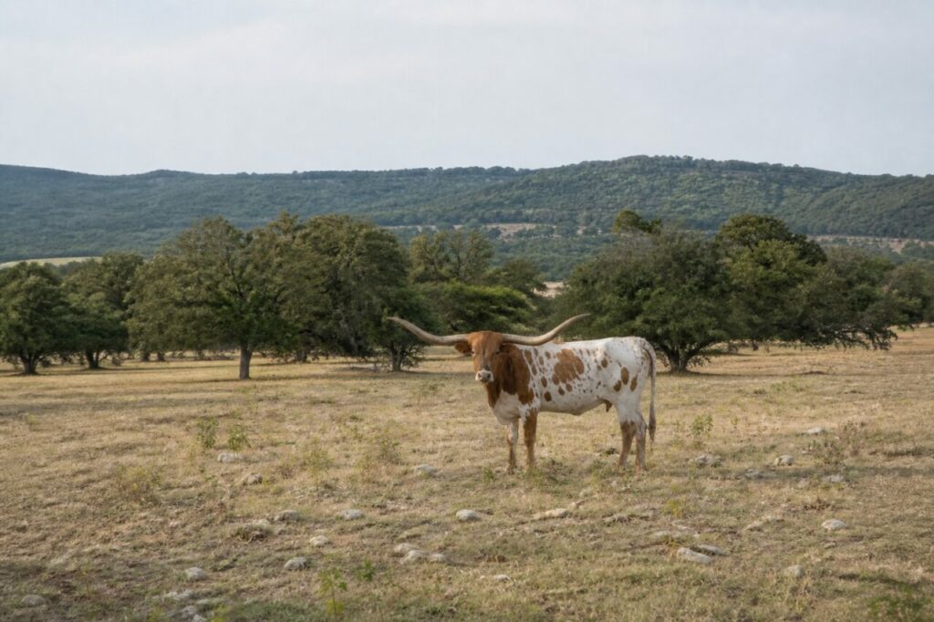 Horizon dégagé derrière le bovin tacheté — Bovin Texas Longhorn