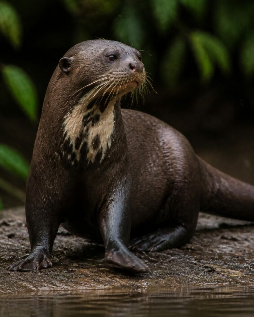 Gorge tachetée dressée devant la rive vaseuse — Loutre géante