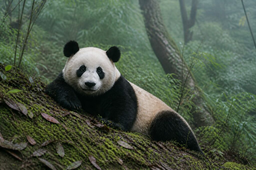 Pelage bicolore étendu sur la mousse détrempée — Panda géant