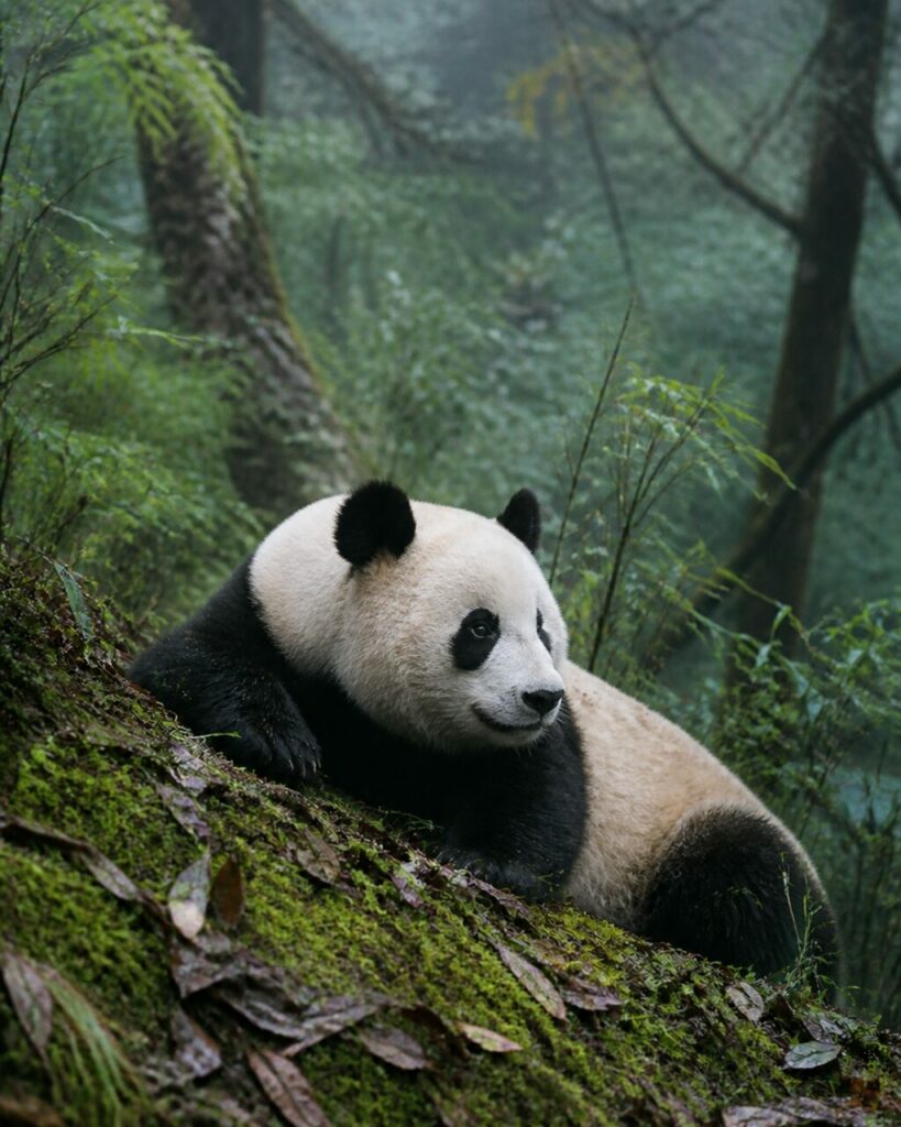 Repos paisible, regard orienté vers un massif de fougères — Panda géant