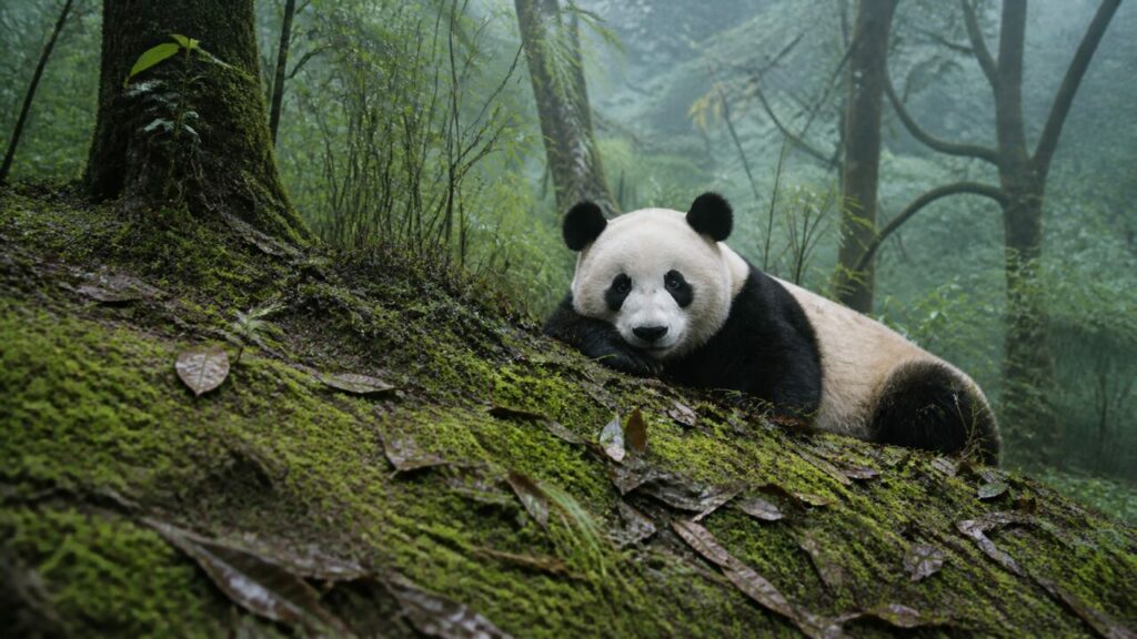 Corps bicolore reposant au pied du talus moussu — Panda géant