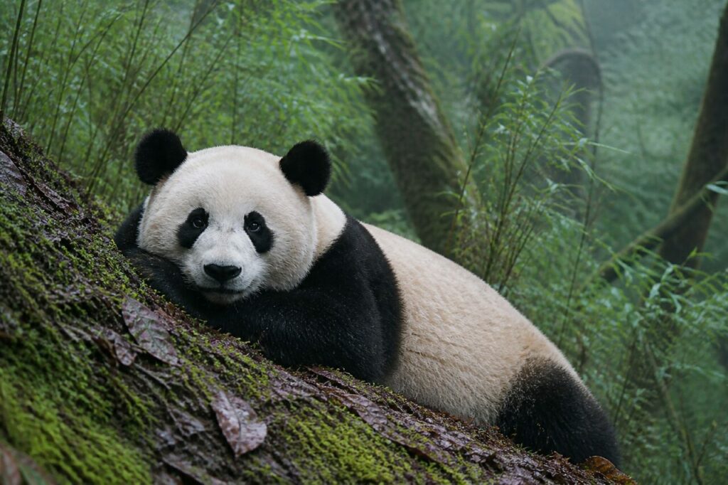 Visage clair cerné de noir sur l’humus mouillé — Panda géant