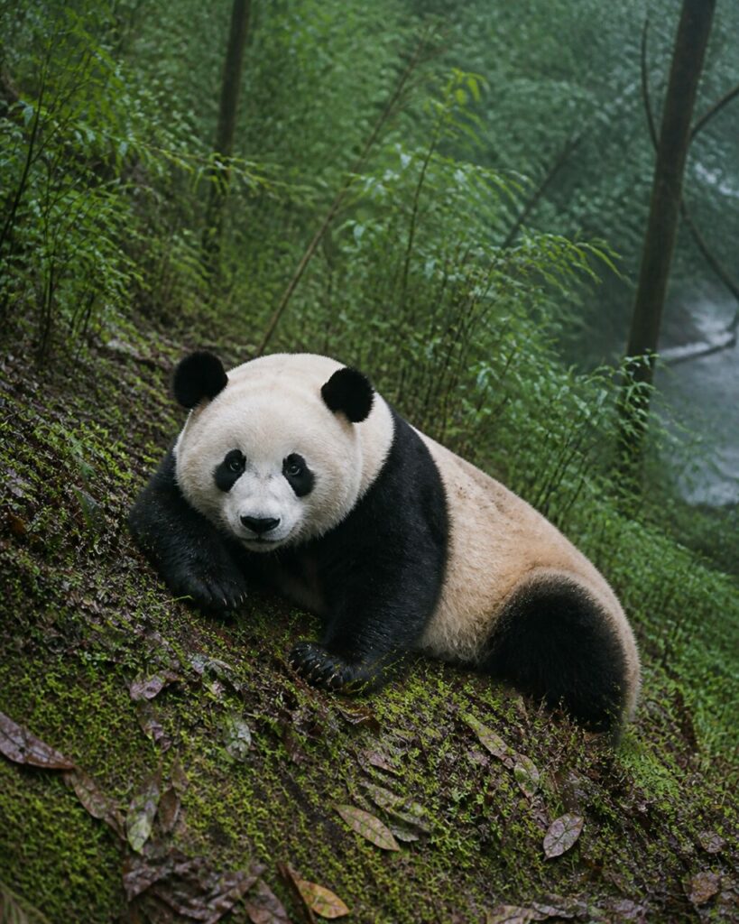 Pente moussue sous un avant-train redressé — Panda géant