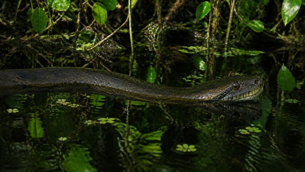 Long corps tacheté glissant sur une nappe d’eau brune — Anaconda vert