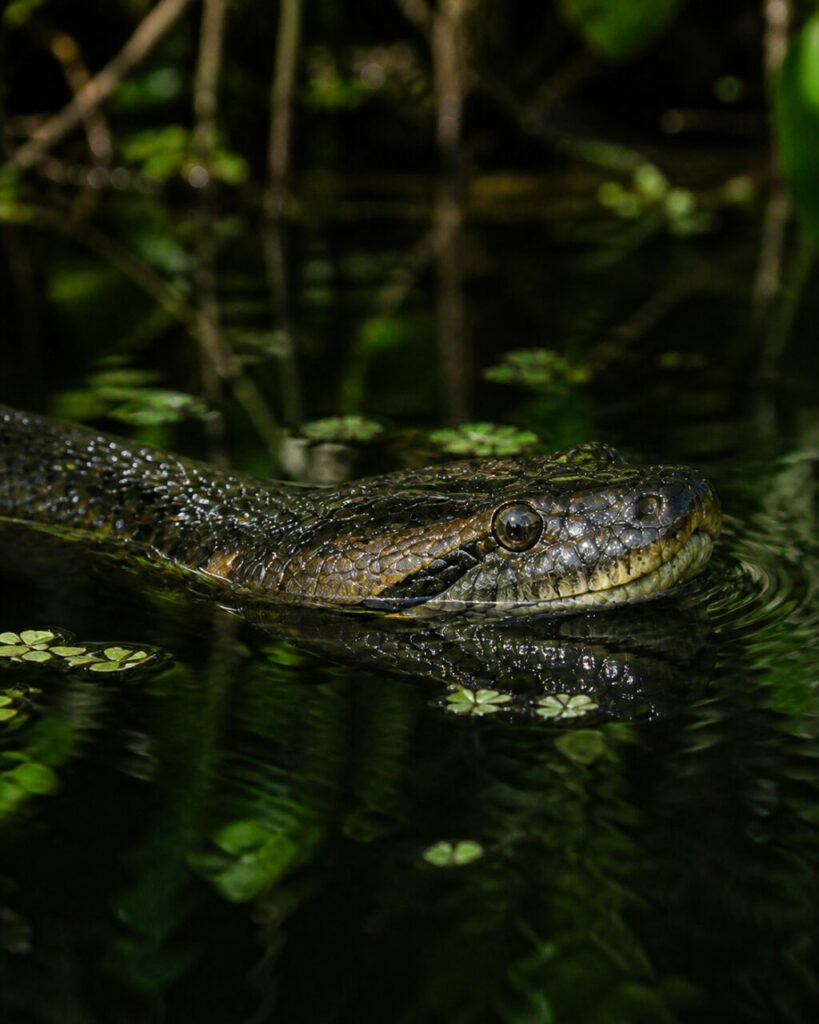 Naseaux surélevés perçant les remous bruns — Anaconda vert