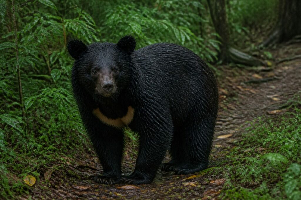 Weißer Brusthalbmond unter runden Ohren im Farn — Asiatischer Schwarzbär