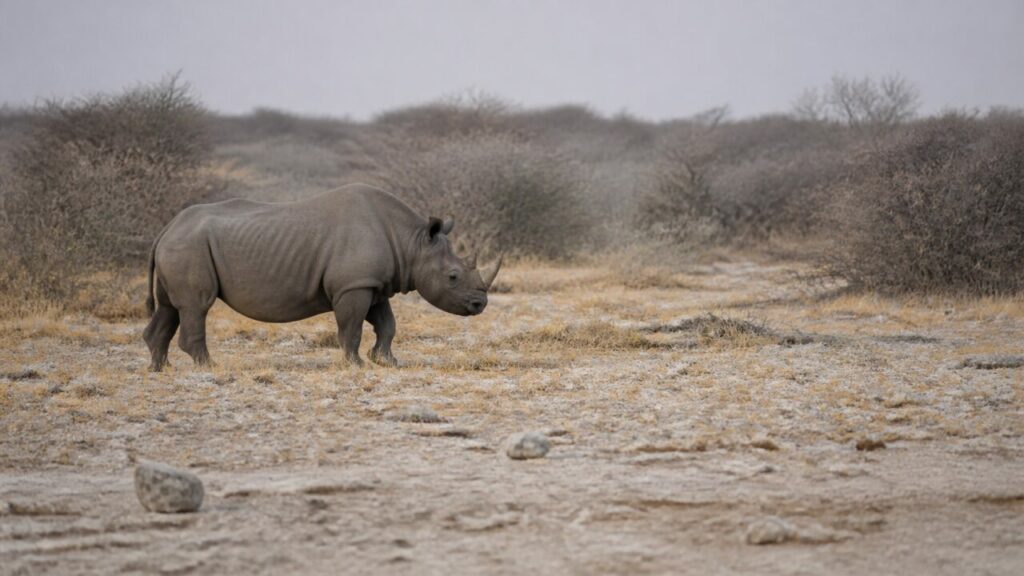 Schwere Schritte führen über eine karg bewachsene Ebene — Spitzmaulnashorn