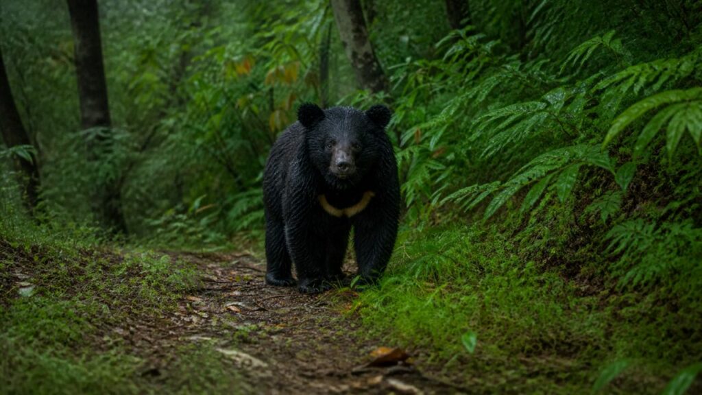 Waldpfad mit dichten Moosrändern — Asiatischer Schwarzbär