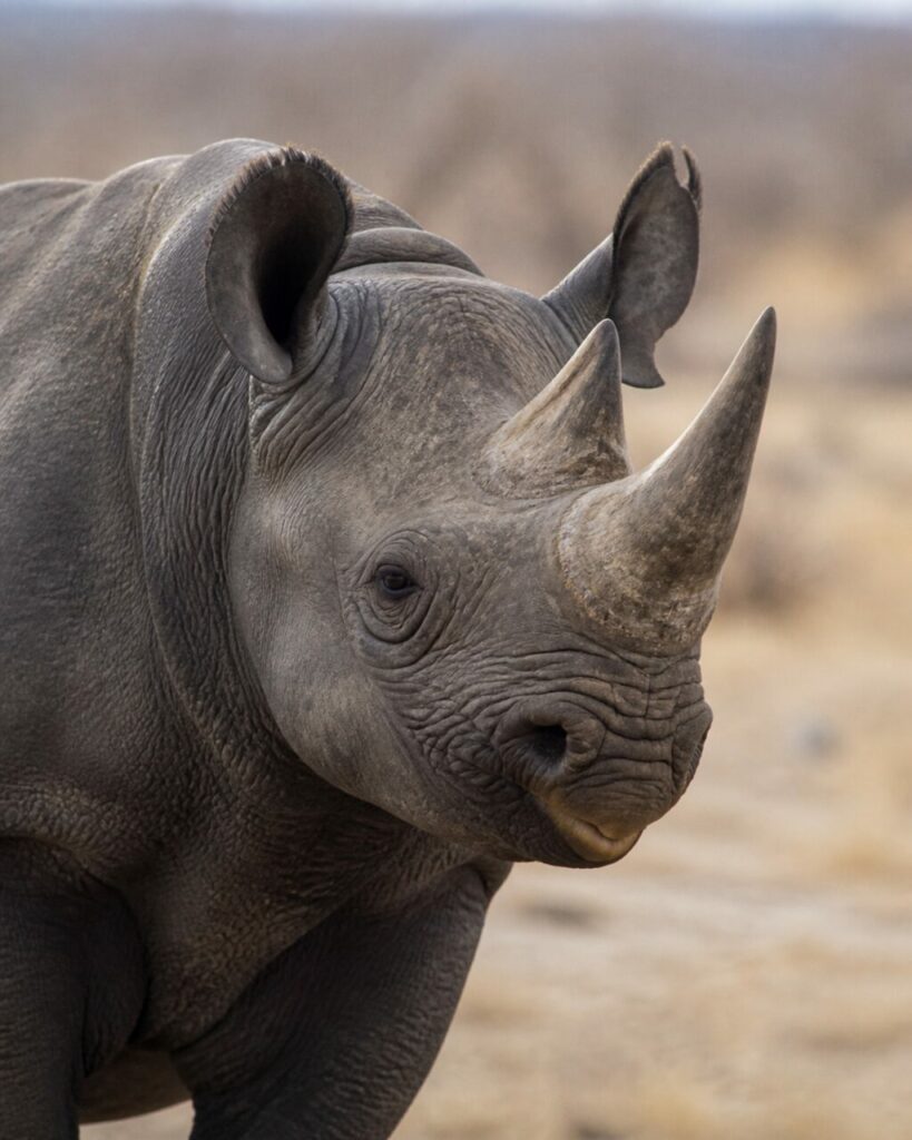Gefaltete graue Haut um Hörner und schmale Schnauze — Spitzmaulnashorn