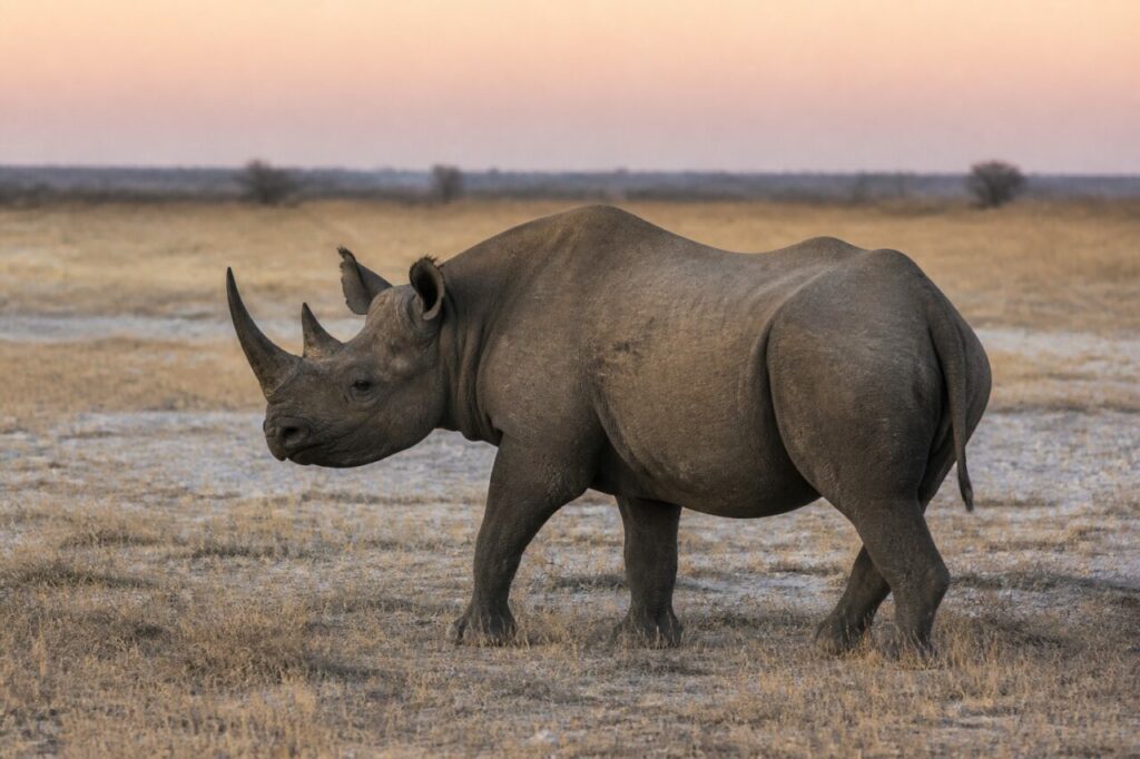 Graue Masse zwischen hellen Steinen — Spitzmaulnashorn