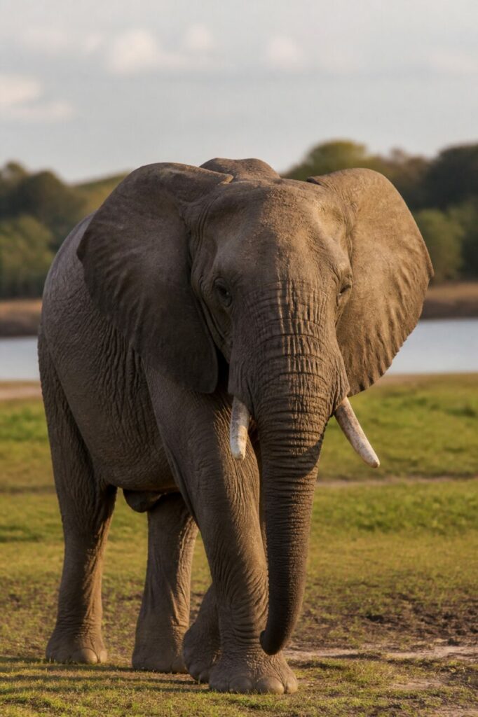 Lockerer Rüssel und elfenbeinfarbene Stoßzähne vor stillem Wasser — Afrikanischer Savannenelefant