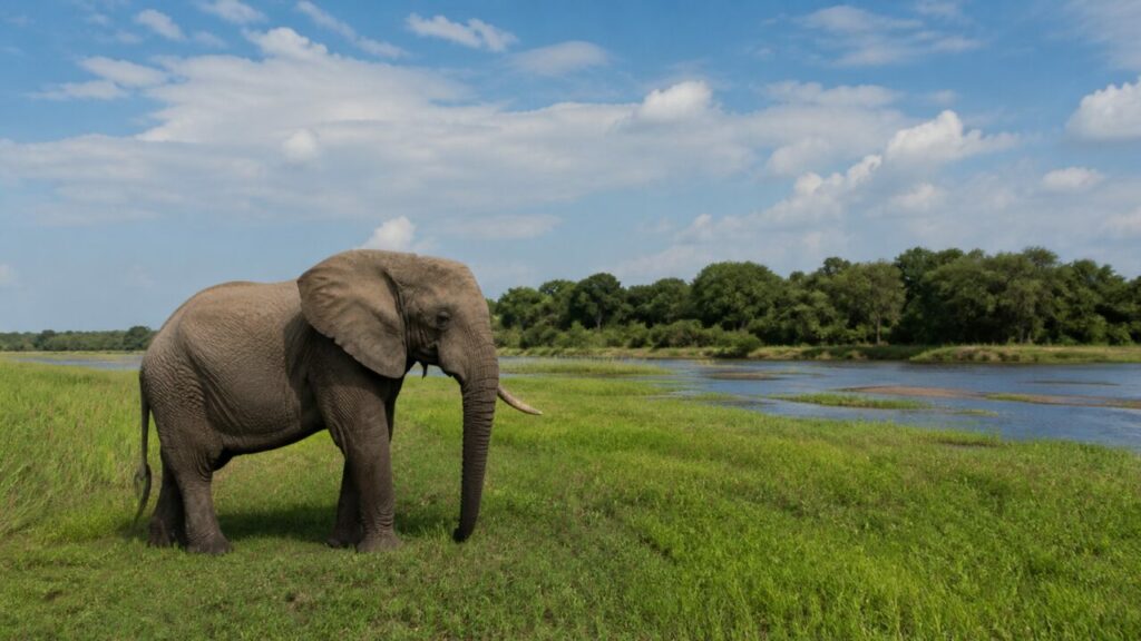 Reglose graue Masse im Ufergras — Afrikanischer Savannenelefant