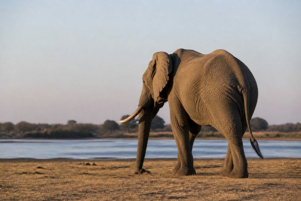 Massige Hinterhand, dazu ein lockerer Schwanz über trockenem Uferboden — Afrikanischer Savannenelefant