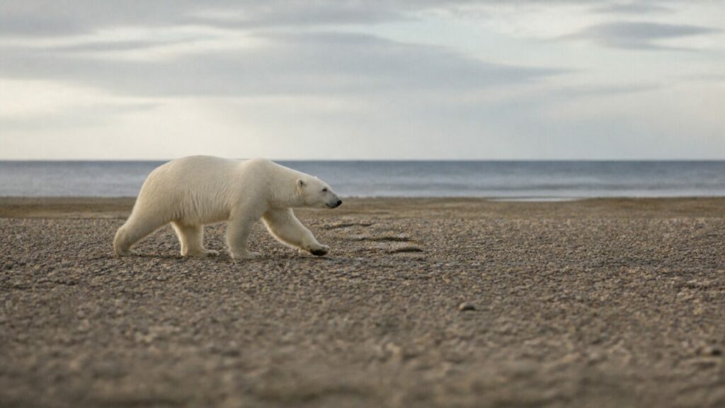 Ruhige Wanderung unter tiefen Küstenwolken — Eisbär
