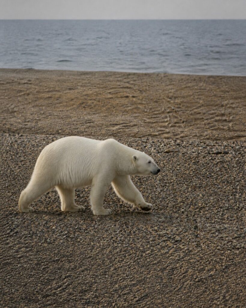 Elfenbeinfarbenes Fell am grauen Küstenwasser — Eisbär